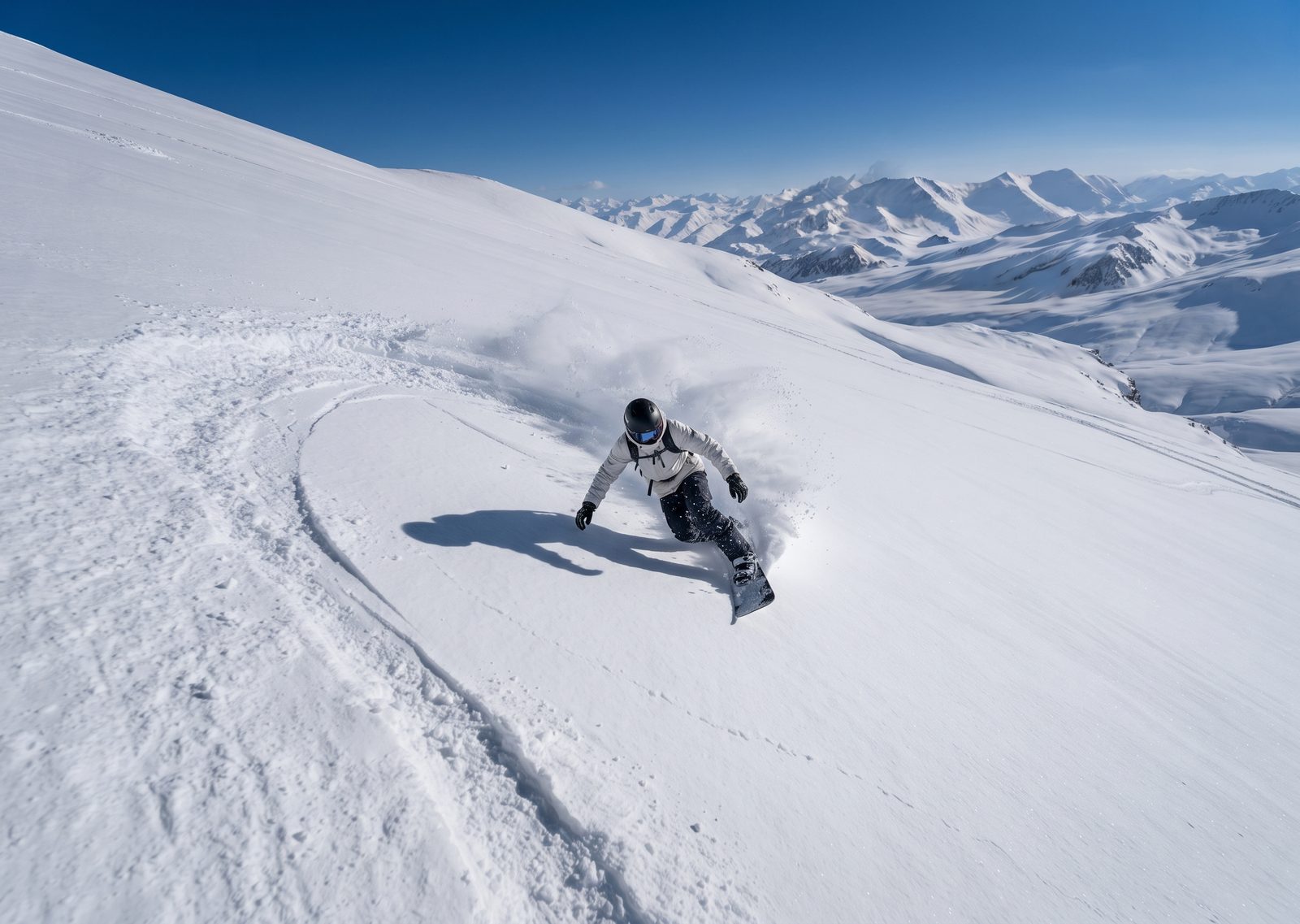 Rider carving a turn on a steep slope