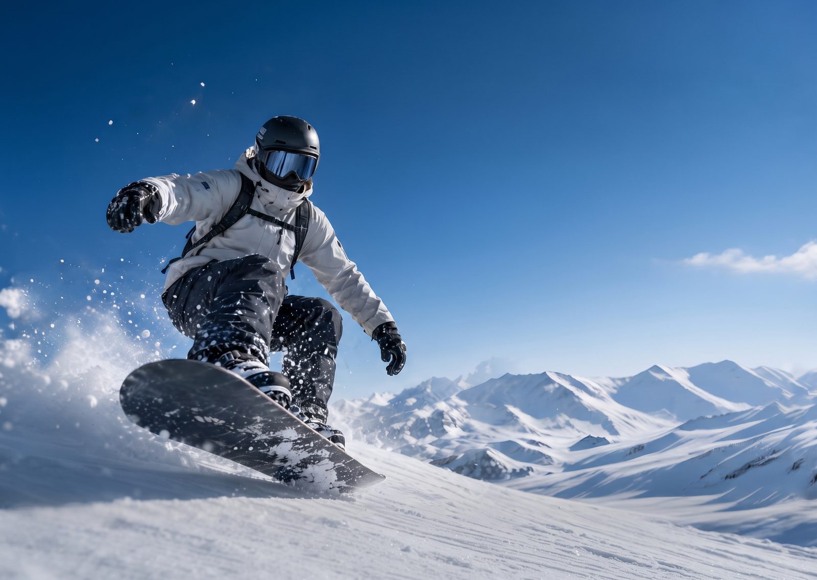 Low-angle shot of a rider spraying snow