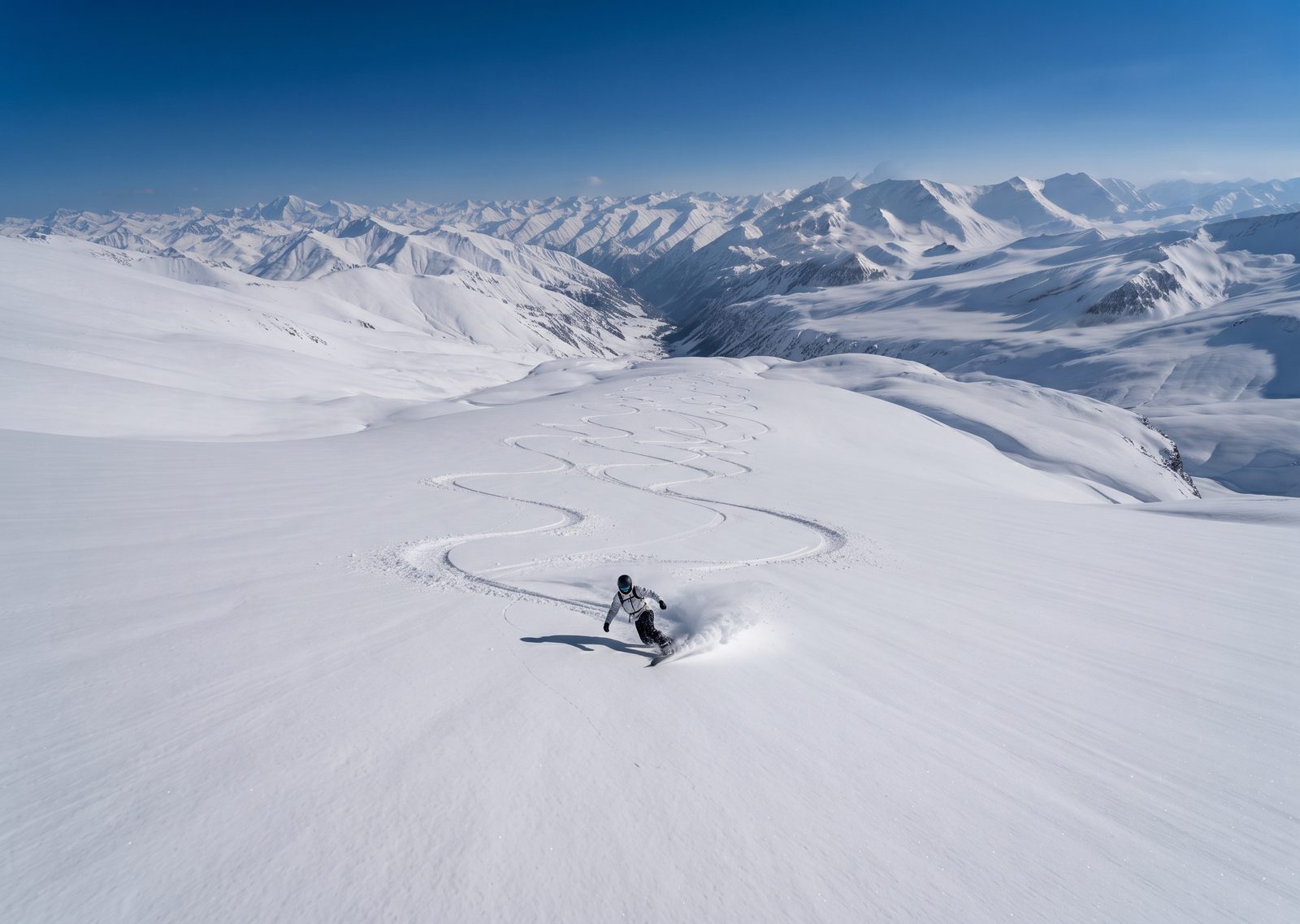 S-shaped tracks down an open snowfield